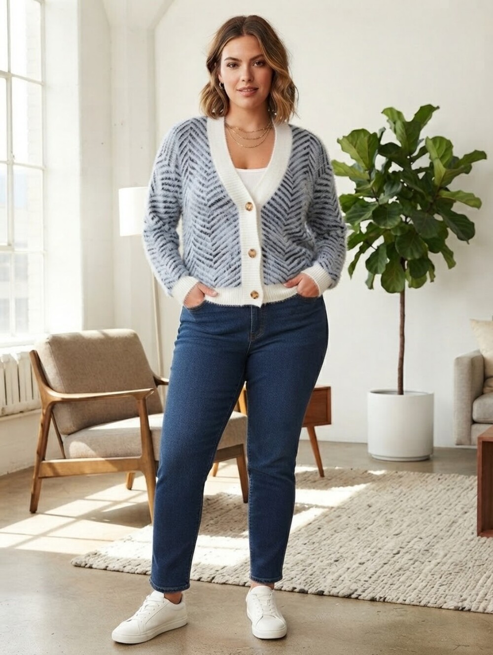 SHEIN Fuzzy Blue & White Chevron V-Neck Button Down Cardigan Size 1X / 16